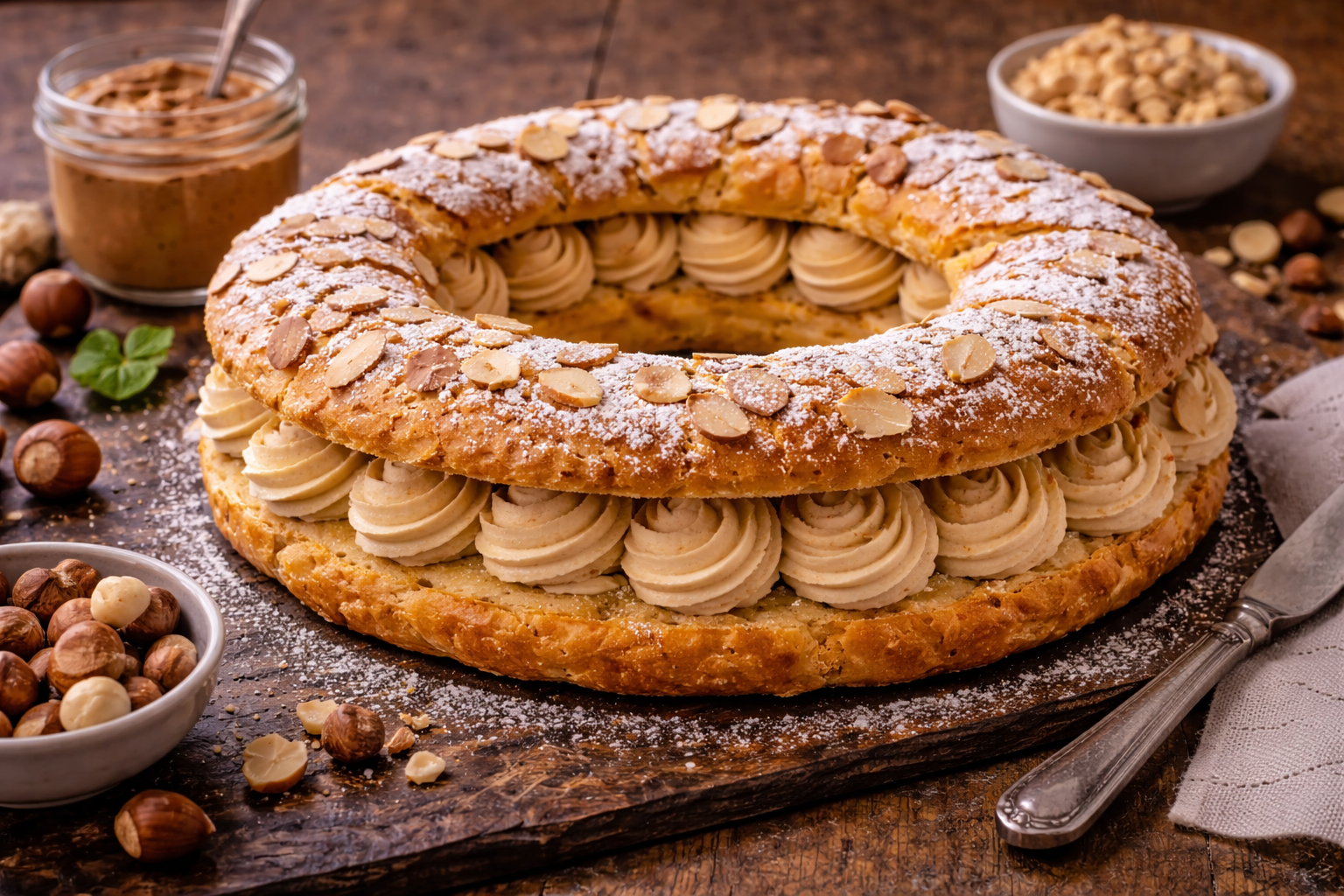 Paris Brest garni de crème praliné, amandes et sucre glace, entouré de noisettes pour atelier culinaire chez Salt & Pepper Dijon.