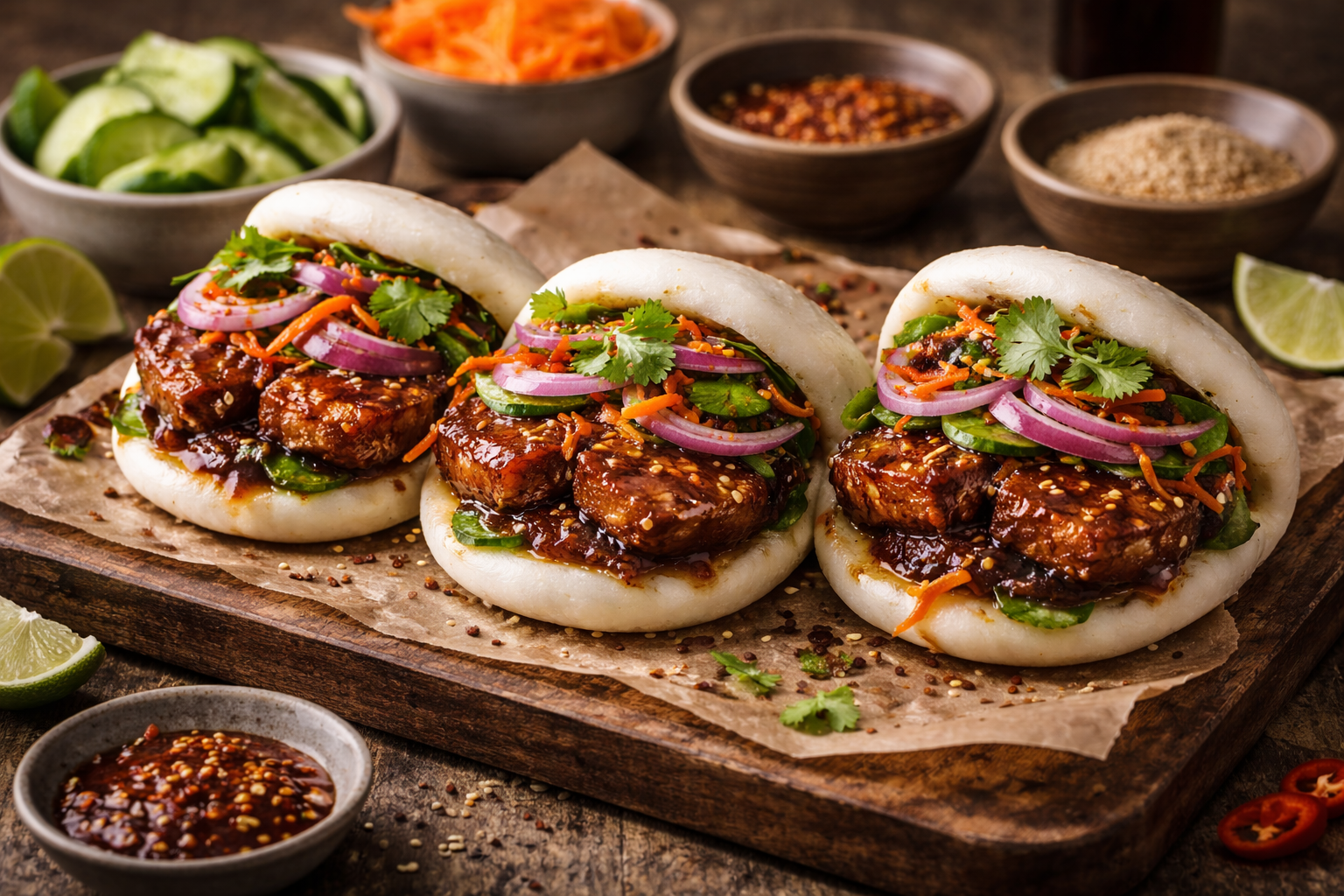 Bao buns vapeur au tofu laqué et légumes croquants, citron vert, coriandre, atelier culinaire team building.