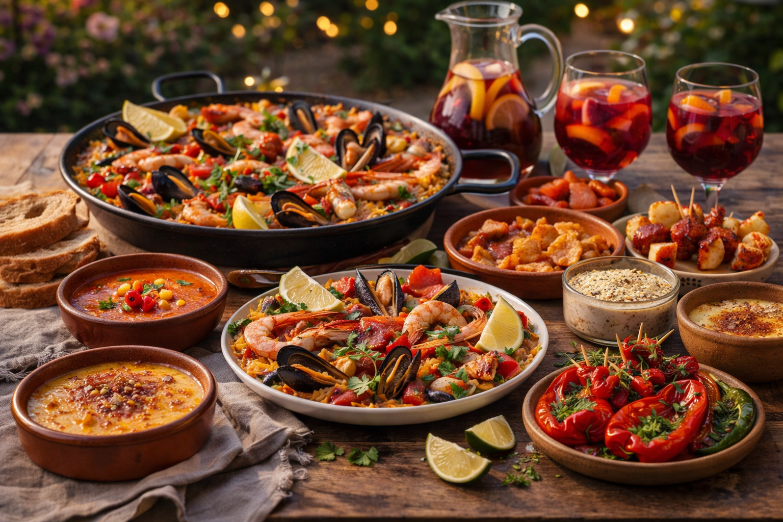 Atelier cuisine espagnole Salt & Pepper : paëlla, tomates farcies, sangria pour team building sous guirlandes lumineuses.