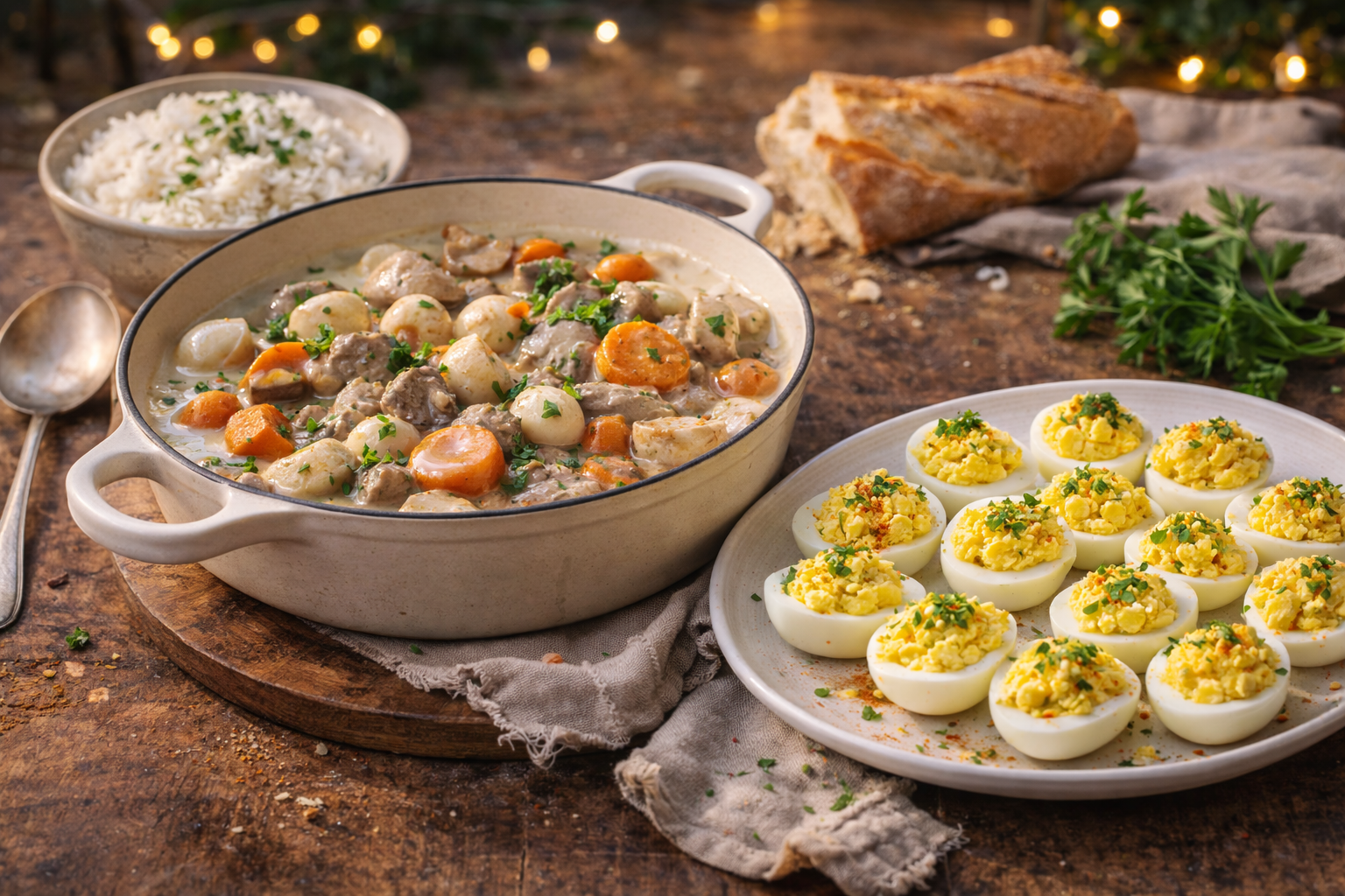 Au 21/06 - 10h - Atelier Spécial Blanquette, une table rustique est dressée avec du ragoût de blanquette, des œufs à la diable aux herbes, du riz, du pain frais, des salières et des poivrières, et des lumières festives en arrière-plan.