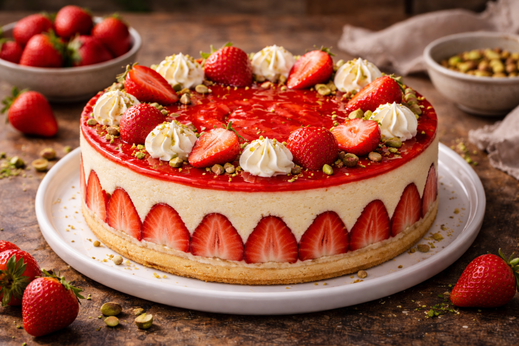 Un gâteau rond aux fraises du 25/07 - 10h - Atelier Fraisier, garni de fraises fraîches, de crème fouettée, de fraises en tranches sur les côtés et de pistaches concassées ; présenté avec des bols de fraises Salt & Pepper et de pistaches à proximité.
