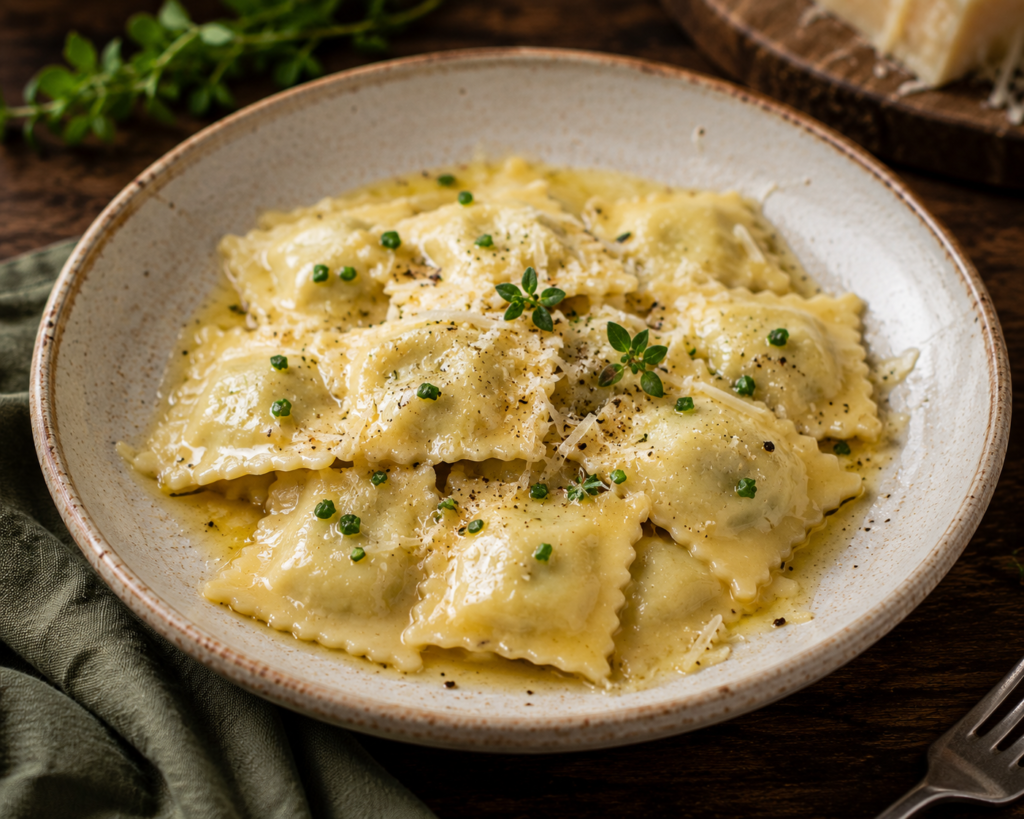 Ravioles fines garnies fromage, poivre noir et herbes, nappées de sauce légère, prêtes pour un atelier culinaire.