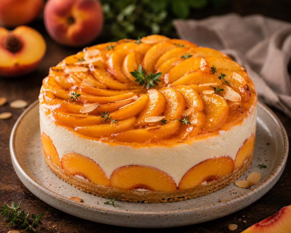 Cheesecake pêche décoré de tranches, amandes et herbes lors d'un atelier pâtisserie, pêches entières autour.