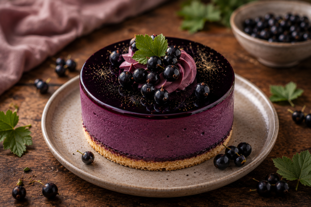 Gâteau mousse cassis rond, glaçage violet, décor fruits frais et crème violette, sur assiette en atelier cuisine.