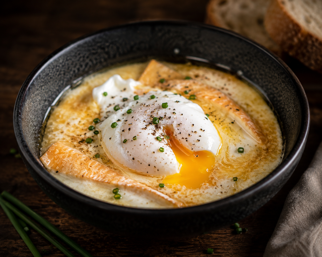 Bol noir de soupe crémeuse, œuf poché, fromage fondu, ciboulette et poivre, pain et herbes pour l'atelier cuisine.
