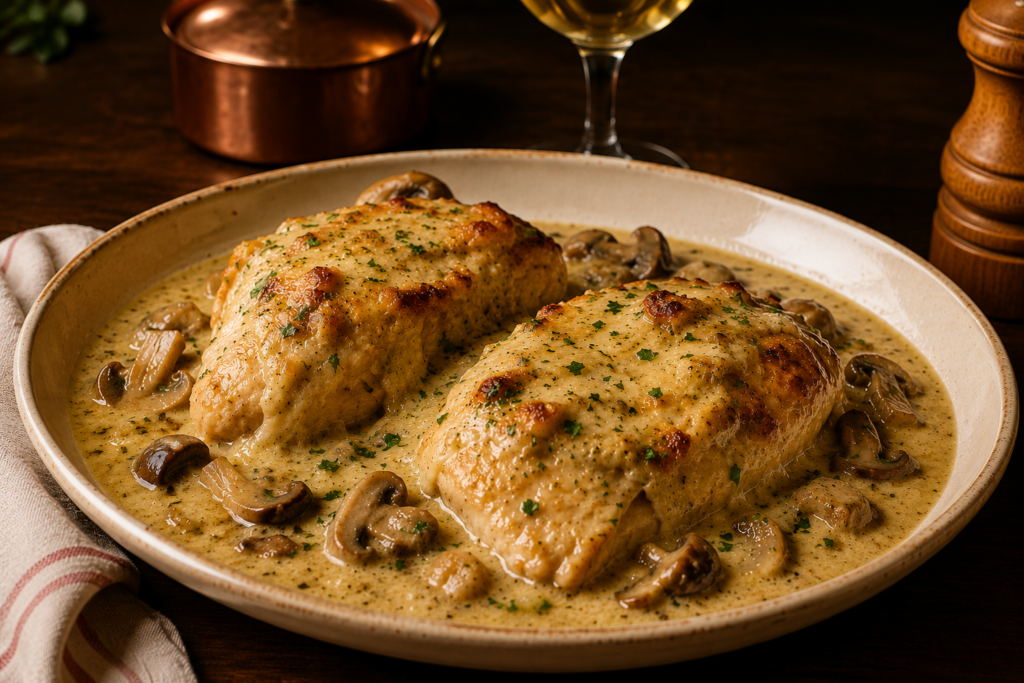 Blancs de poulet dorés sauce crémeuse aux champignons, herbes, assiette ronde, verre de vin et casserole, atelier cuisine.