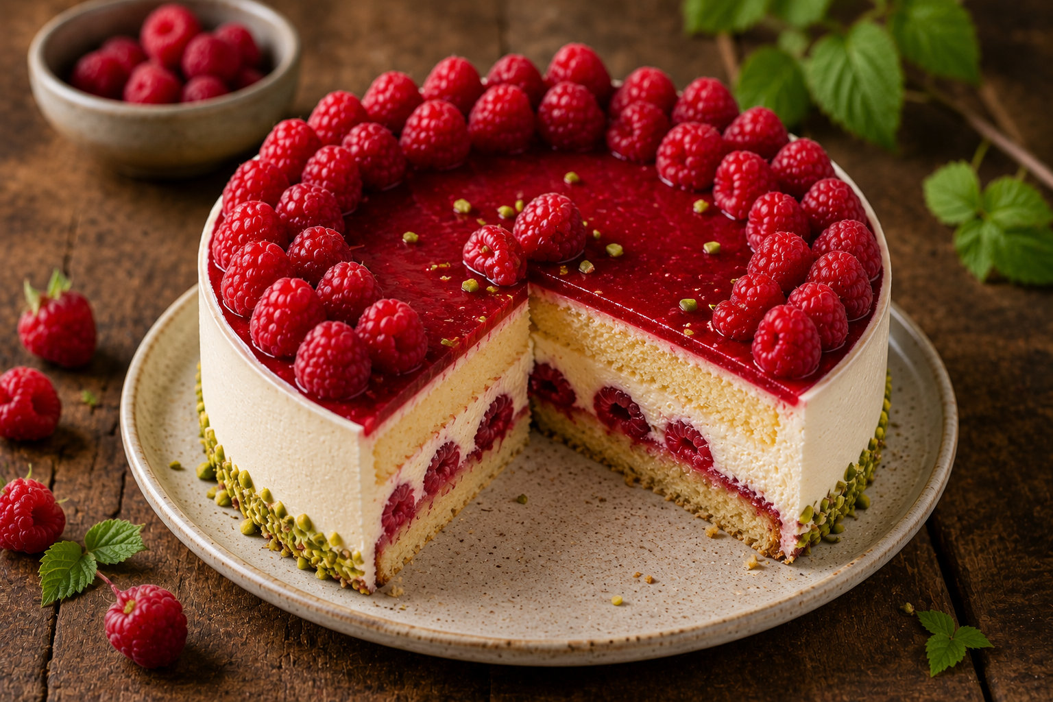 Soft round raspberry cake decorated with pistachios and fresh raspberries during a culinary workshop in Dijon.