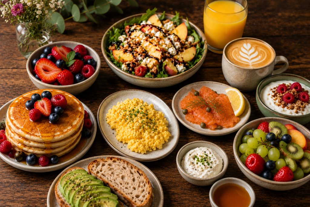 Brunch at L'Atelier at Salt & Pepper in Dijon, sharing plates: pancakes, scrambled eggs, smoked salmon, avocado toast.