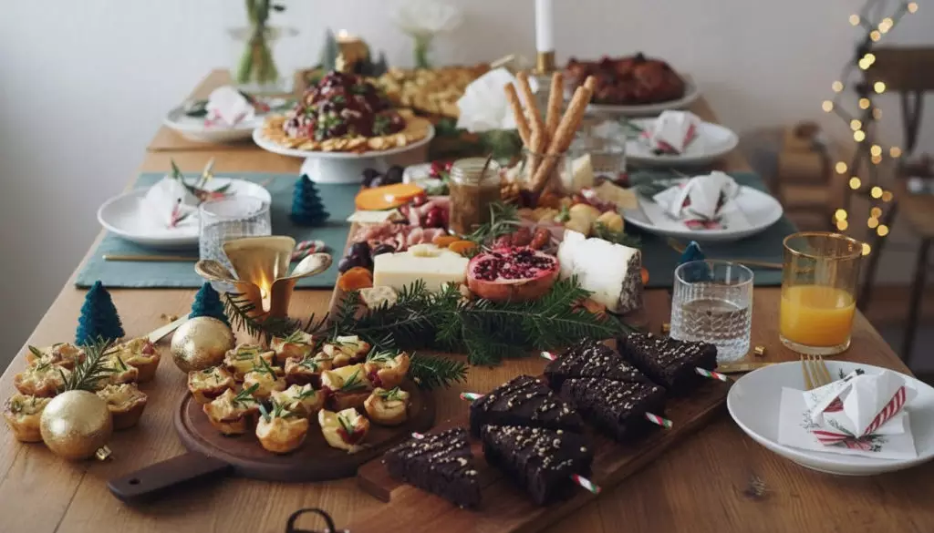 Buffet de brunch avec amuse-bouches, desserts, boissons, ornements dorés, bougies et détails culinaires dijonnais.