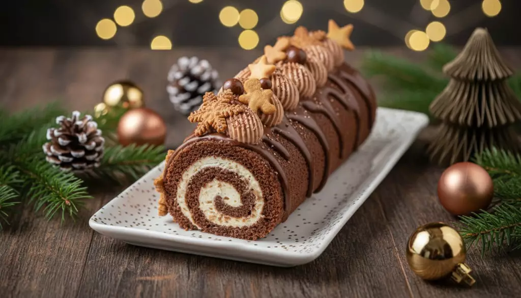 Bûche de Noël chocolatée décorée pour atelier culinaire, garnie crème, ambiance festive Salt & Pepper Dijon entreprise.
