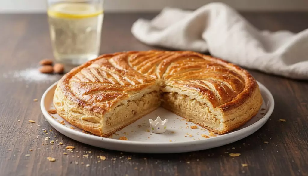 Galette des rois dorée coupée, fève visible, verre pétillant et serviette beige lors d'un atelier team building.