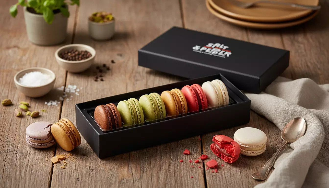 Box of colorful macarons surrounded by utensils, pastry workshop atmosphere for team building at Salt & Pepper Dijon.