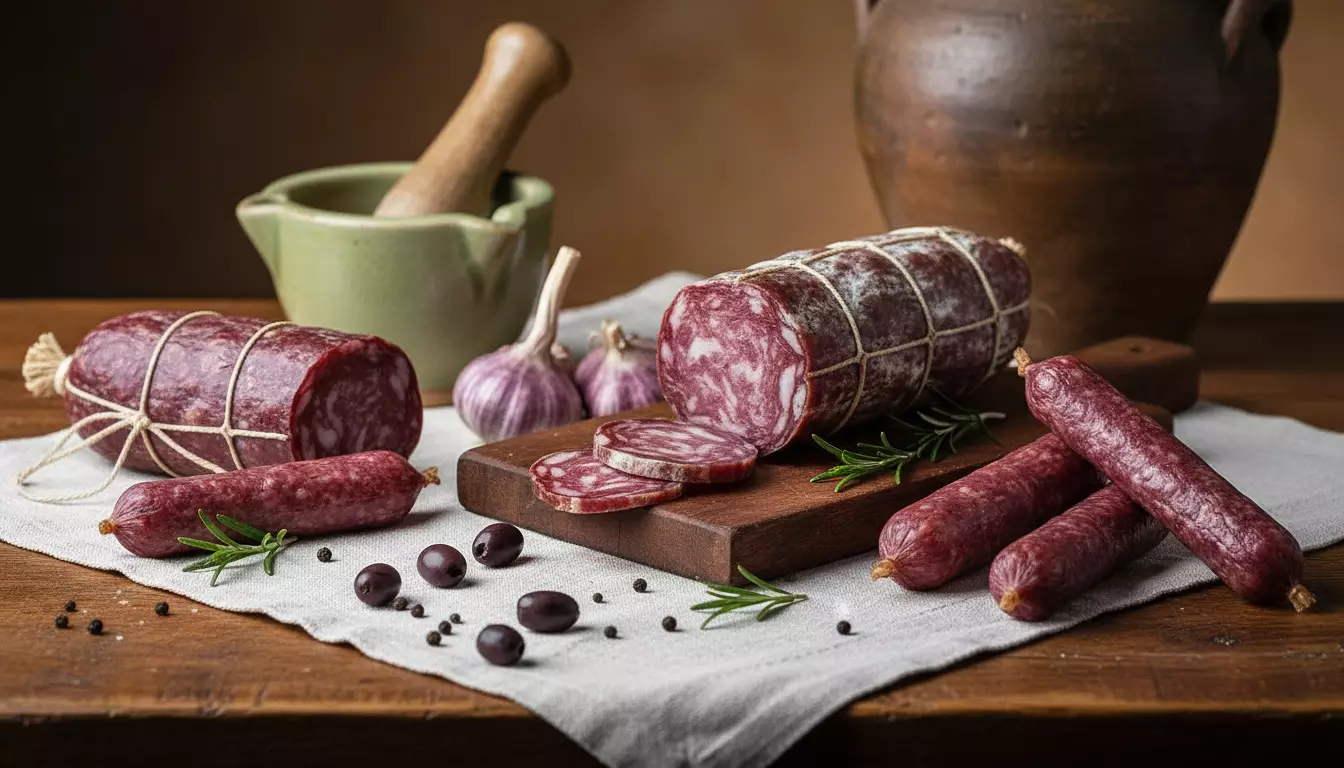 Salami, olives, ail, romarin et moutarde de Dijon présentés pour atelier culinaire team building chez Salt & Pepper Dijon.