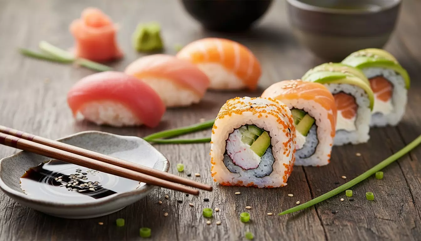 Assortiment de sushis makis et nigiris décorés, wasabi, sauce soja et baguettes pour atelier culinaire à Salt & Pepper Dijon.