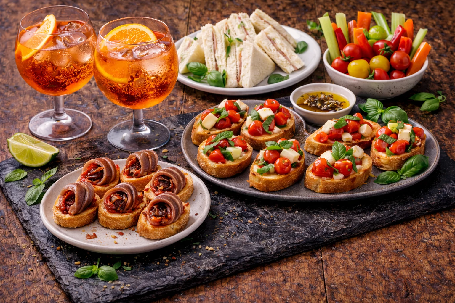 Bruschetta, roulés salés, sandwichs au thé, légumes et dip moutarde pour atelier team building apéritif à l'italienne.