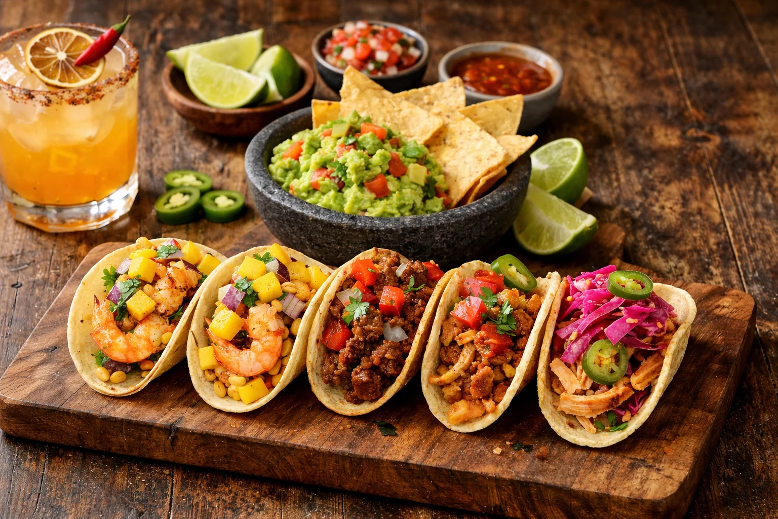 Planche de tacos variés, crevettes, bœuf, légumes, coriandre et jalapeños, avec guacamole et cocktail pour team building.