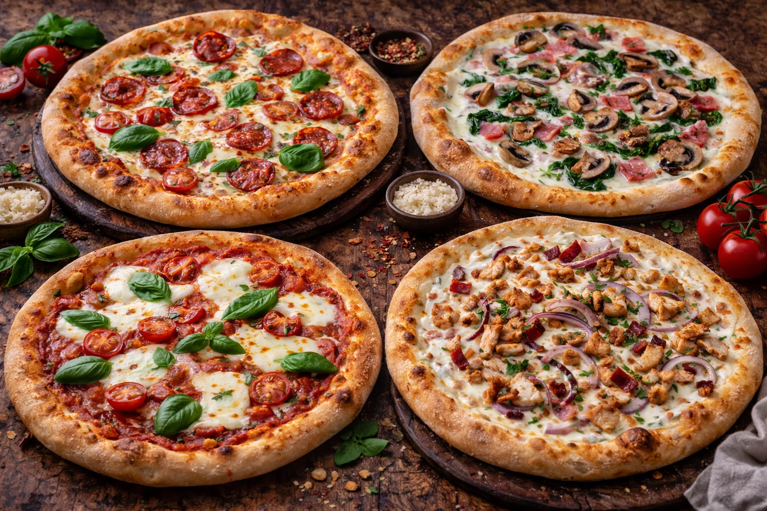 Quatre pizzas variées sur table, atelier cuisine Salt & Pepper Dijon pour team building ou événement d'entreprise.