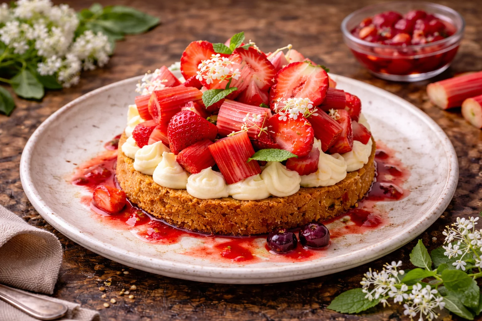 Tarte atelier dessert aux fraises, chantilly et rhubarbe, entourée de fruits, fleurs et moulins lors d'un team building.