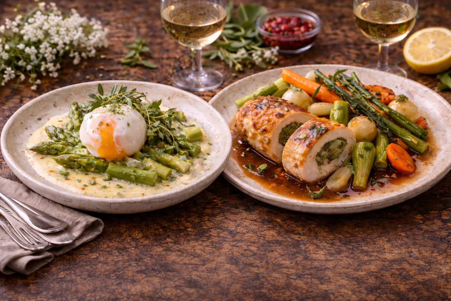Kitchen workshop plate: poached egg on asparagus, chicken stuffed with vegetables, white wine, fresh flowers, lemon.