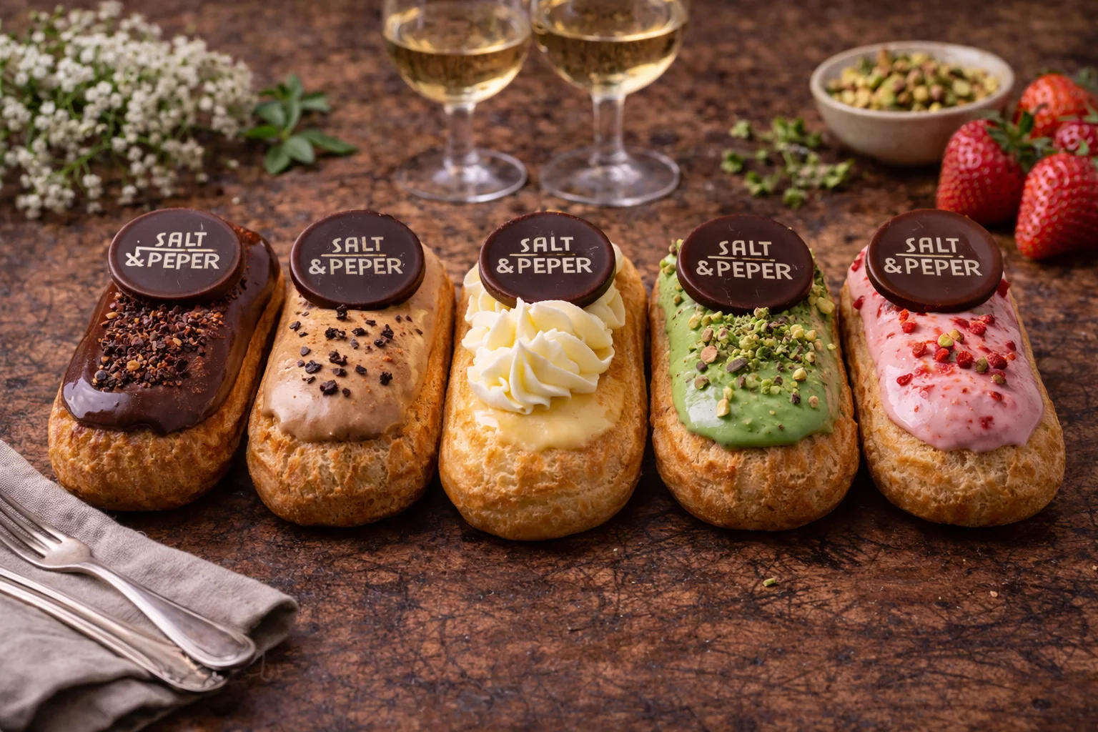Cinq éclairs gourmands et toppings variés avec disques chocolat, fraises, pistaches, fleurs et vin blanc pour atelier culinaire.