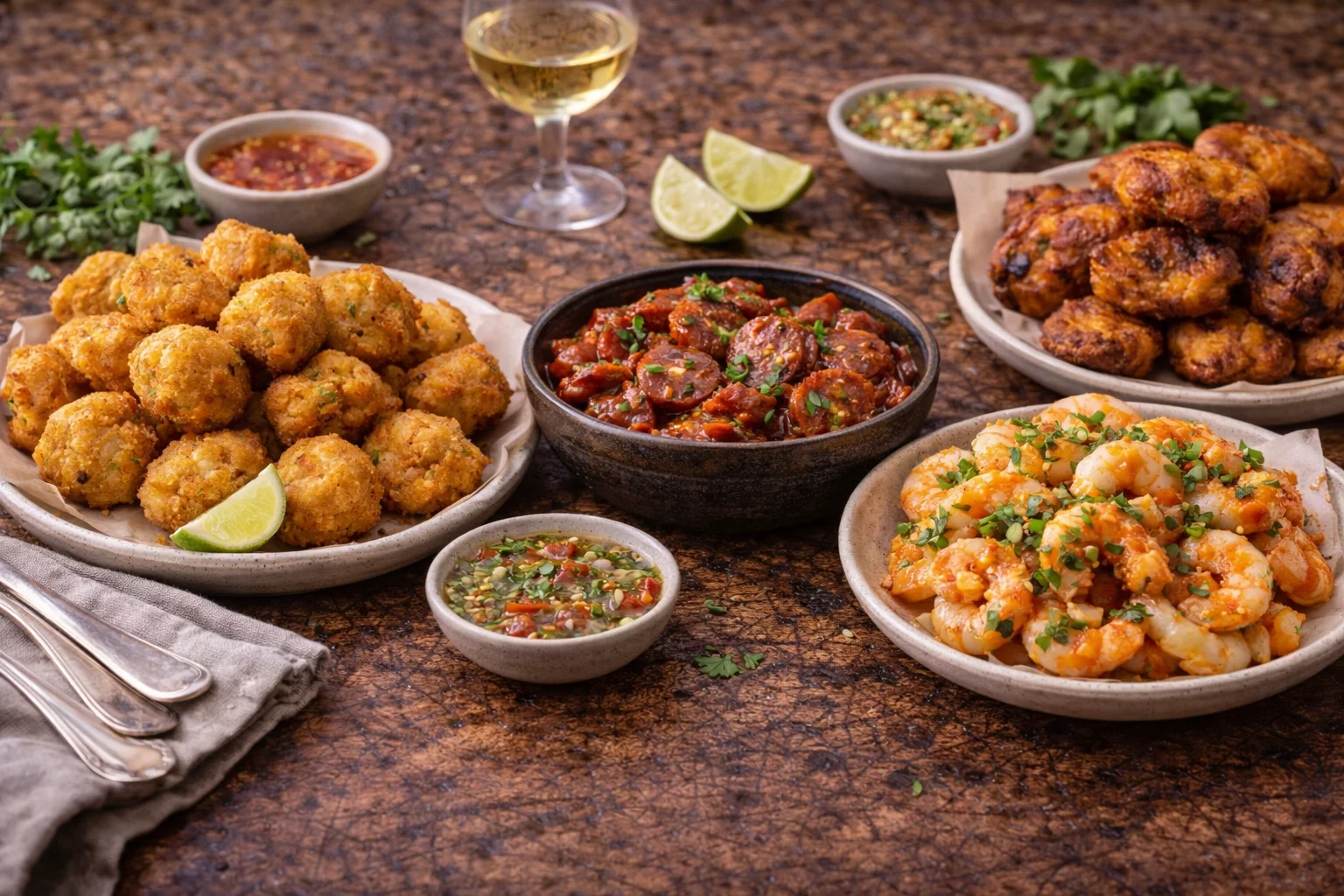 Atelier cuisine créole : beignets croustillants, crevettes aux herbes, ragoût épicé, sauces et verre de vin blanc.
