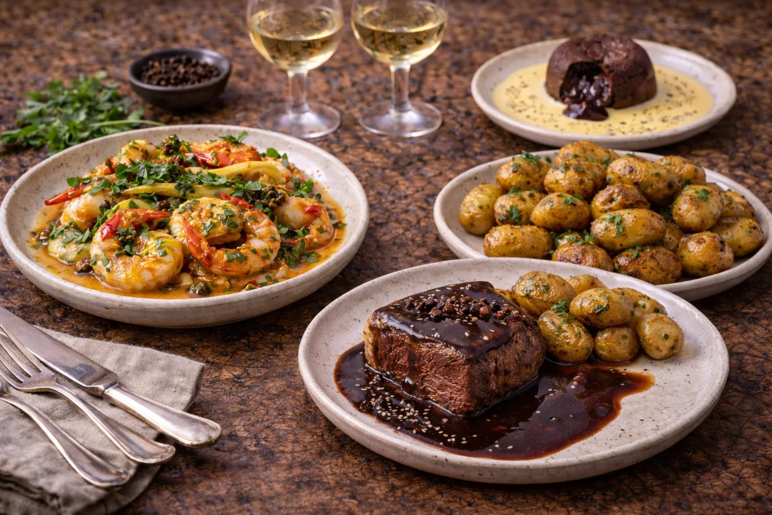Pâtes aux crevettes, steak sauce poivre, pommes de terre rôties, vins blancs, dessert chocolaté lors d'un atelier culinaire.