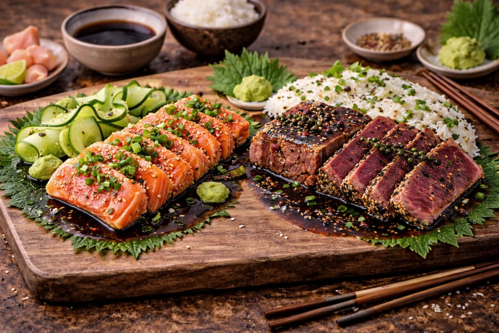 Tataki de saumon et thon snackés sur planche, oignons verts, sésame, riz, concombre, pour atelier culinaire entreprise.