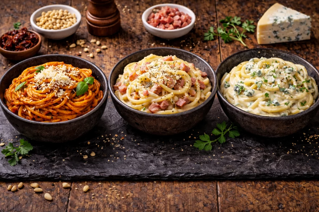 Trois assiettes de pâtes aux sauces tomate, blanche et carbonara, décorées de fromage et herbes lors d'un atelier cuisine.