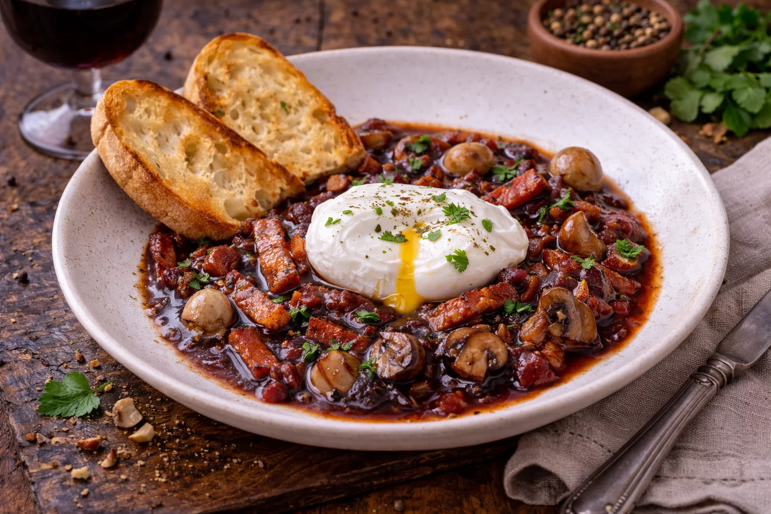 Bol d'œufs meurette garnis de champignons, lardons et herbes sur pain grillé, présenté en atelier culinaire.