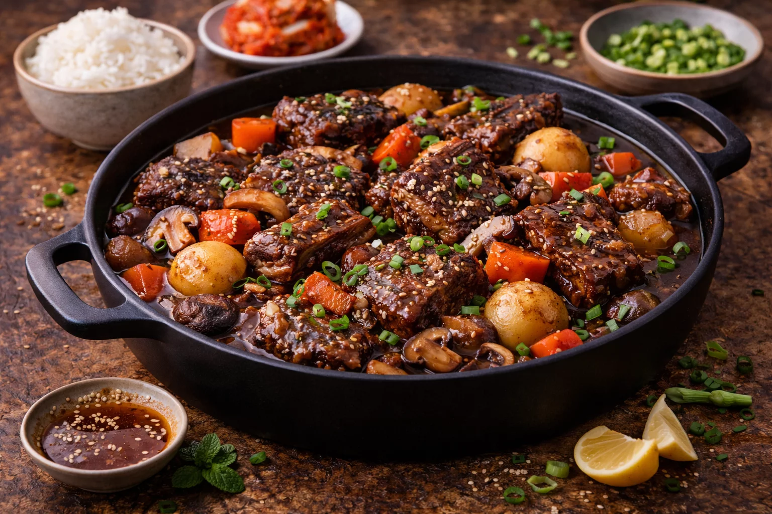 Atelier cuisine Galbijjim : côtes de boeuf, légumes, riz, kimchi et citron en plat de partage pour team building.