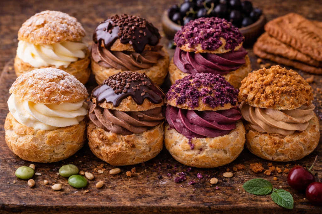 Choux colorés garnis déposés sur une planche, crèmes chocolat, vanille, fruits rouges, décor pâtisserie en arrière-plan.