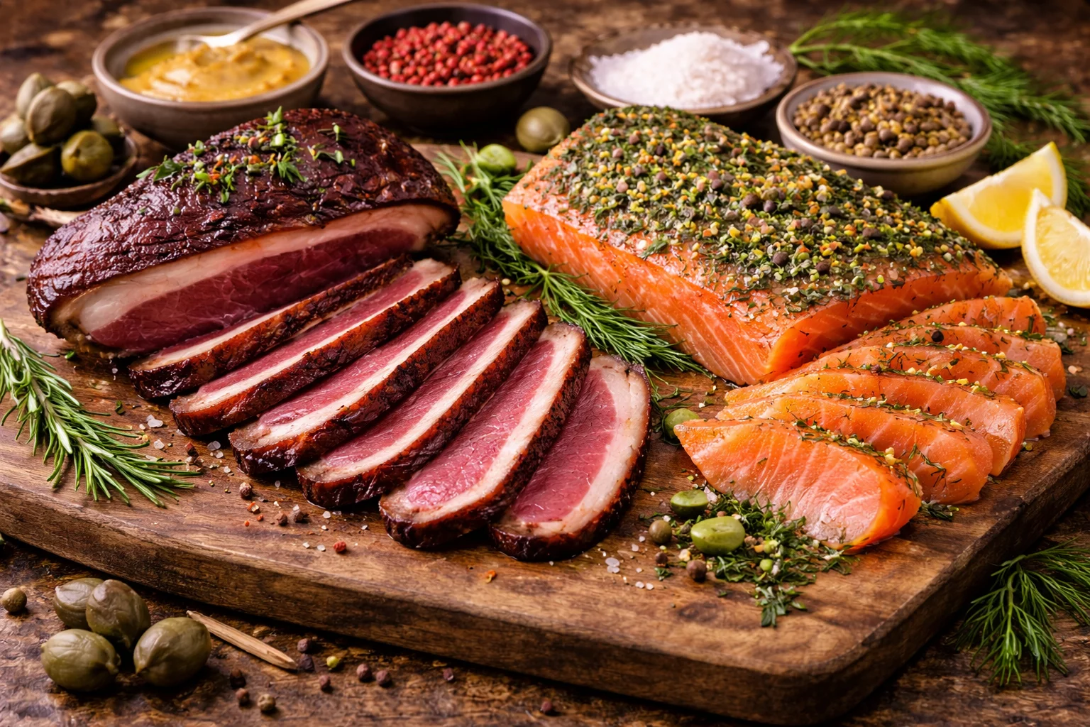 Assortiment de viandes et saumon fumés, herbes et câpres lors d'un atelier culinaire team building chez Salt & Pepper Dijon.