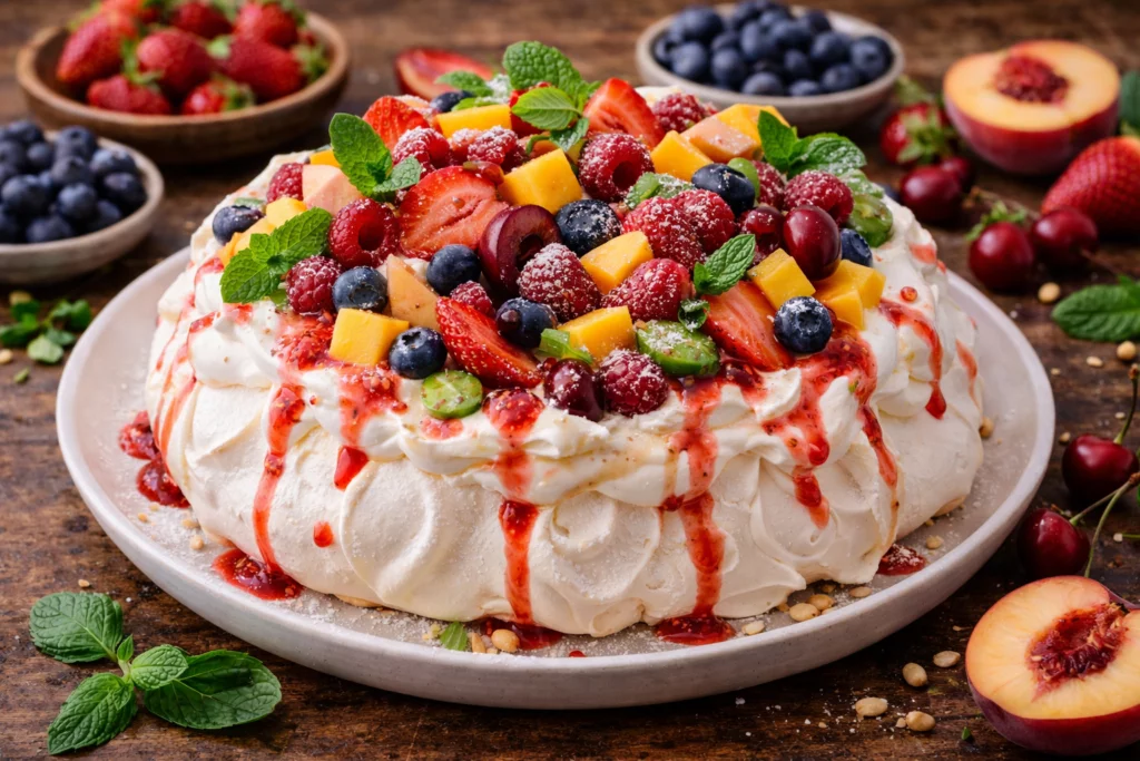 Pavlova garnie de chantilly, fraises, myrtilles, kiwi, cerises et pêches parmi fruits frais lors d'un atelier culinaire.