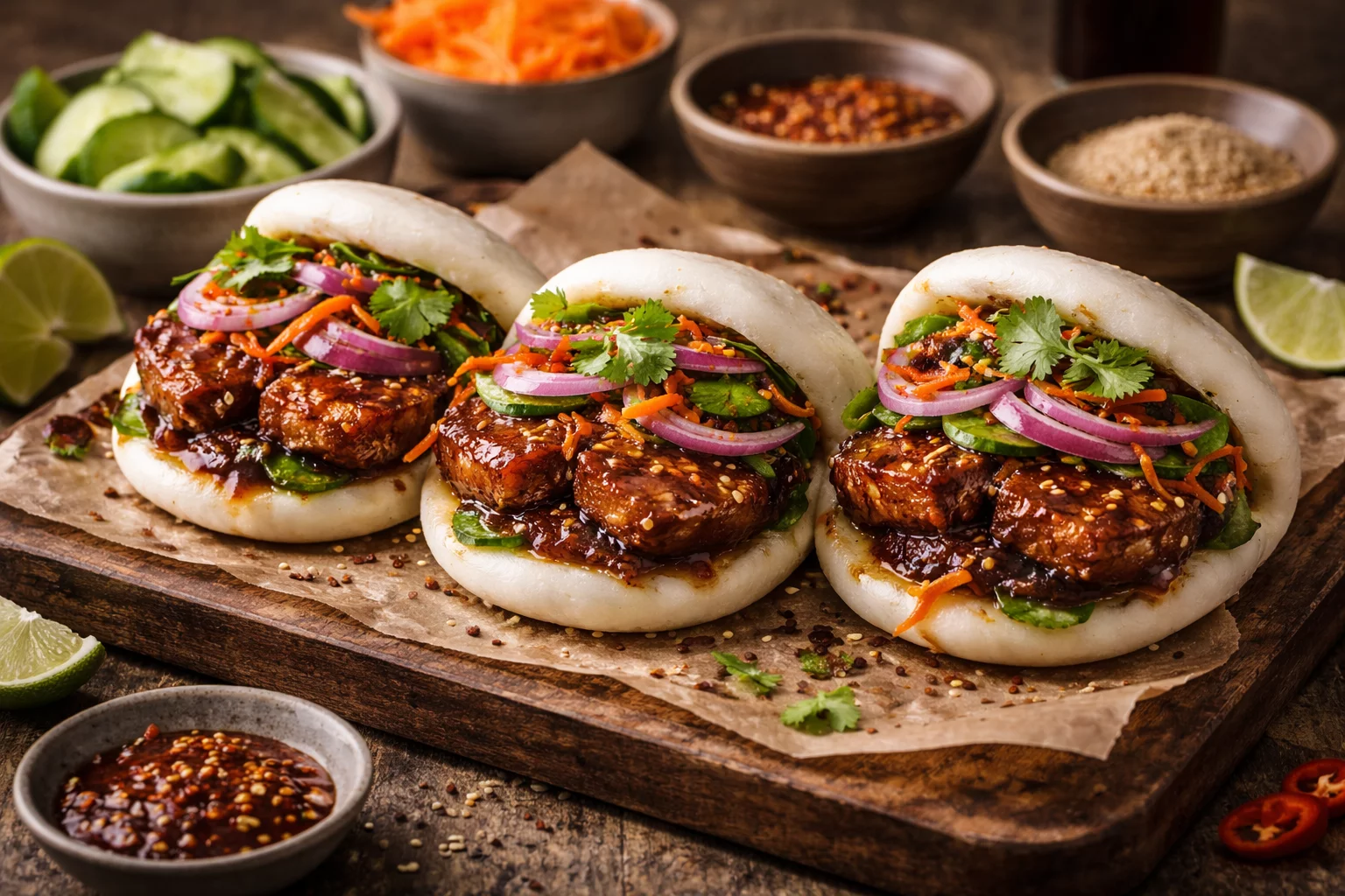 Bao buns vapeur au tofu laqué et légumes croquants, citron vert, coriandre, atelier culinaire team building.