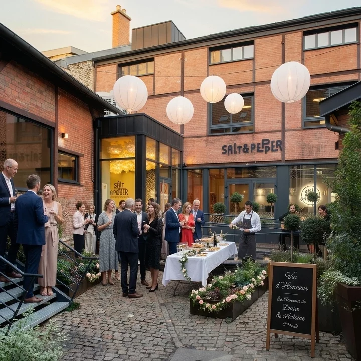Équipe en tenue élégante réunie sous guirlandes et ballons dans la cour, atelier culinaire festif chez Salt & Pepper Dijon.