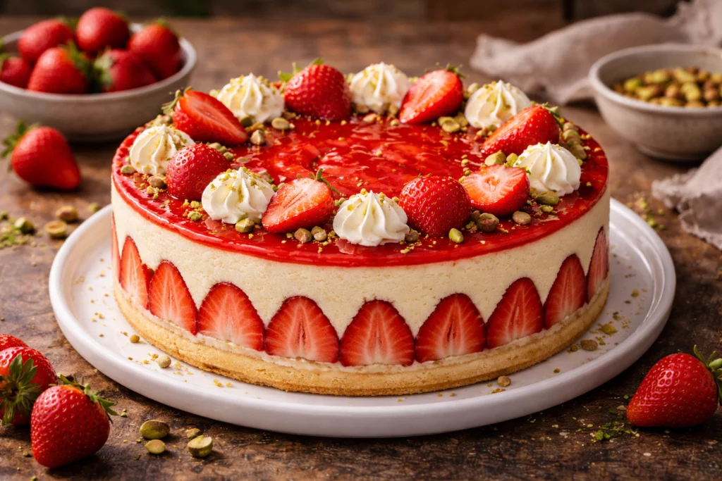 Un gâteau rond aux fraises du 25/07 - 10h - Atelier Fraisier, garni de fraises fraîches, de crème fouettée, de fraises en tranches sur les côtés et de pistaches concassées ; présenté avec des bols de fraises Salt & Pepper et de pistaches à proximité.