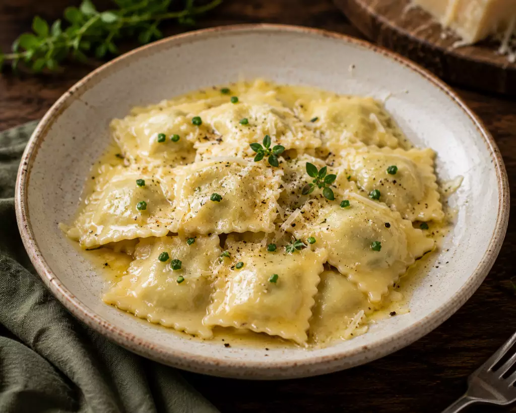 Ravioles fines garnies fromage, poivre noir et herbes, nappées de sauce légère, prêtes pour un atelier culinaire.