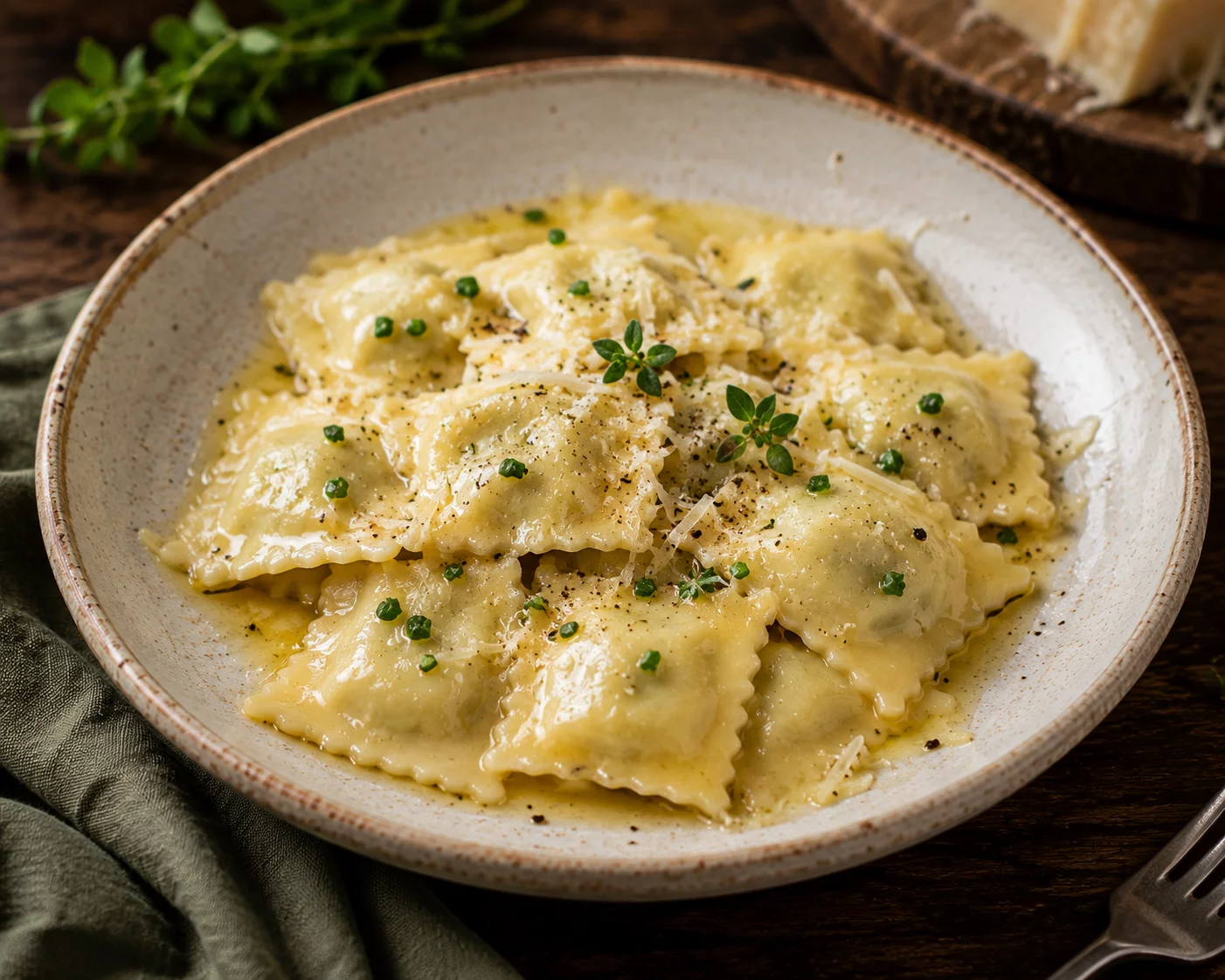 Ravioles fines garnies fromage, poivre noir et herbes, nappées de sauce légère, prêtes pour un atelier culinaire.