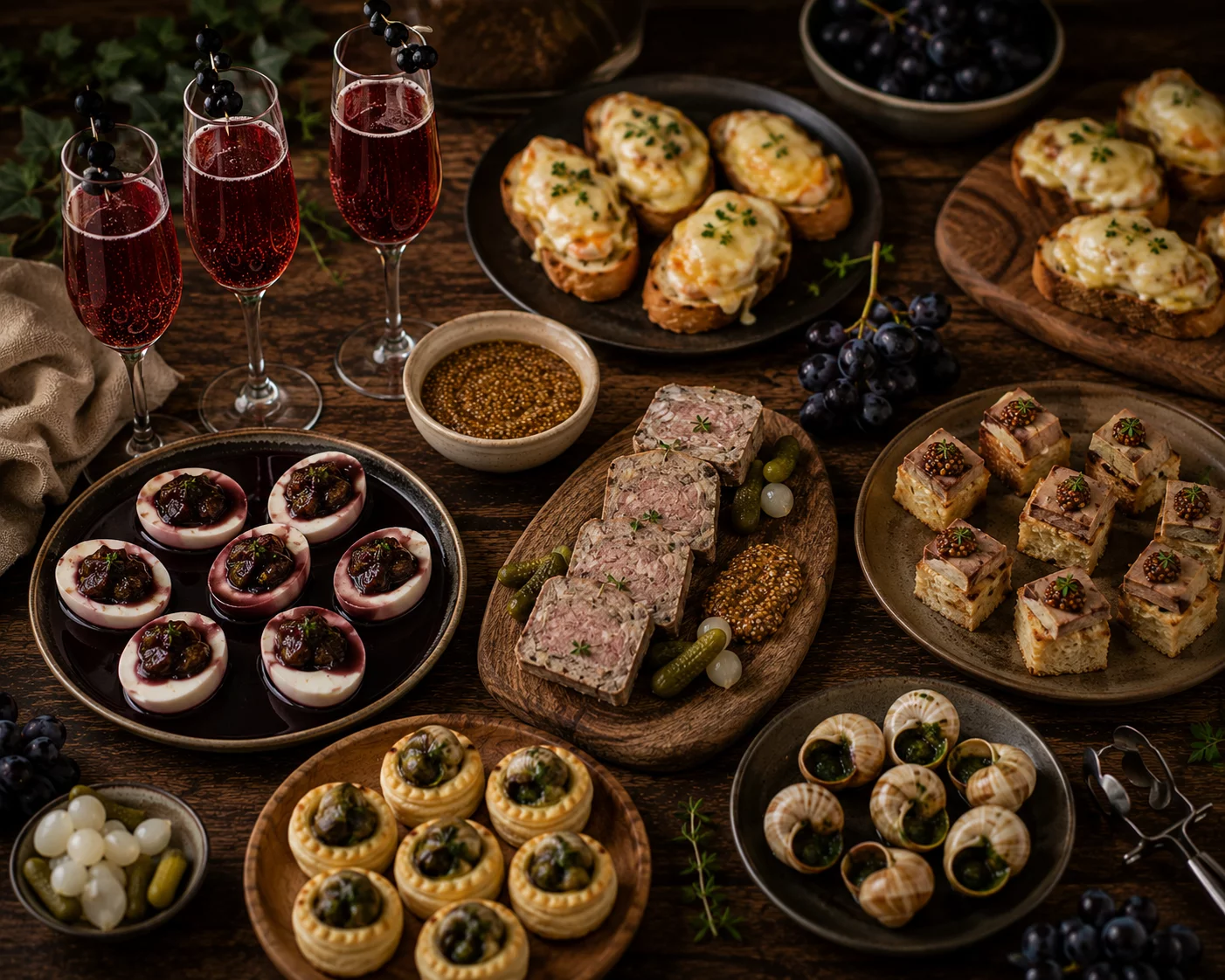 Atelier apéritif bourguignon: pâté, escargots, œufs mimosa, gougères, tartelettes, gâteaux et boissons pétillantes rouges.