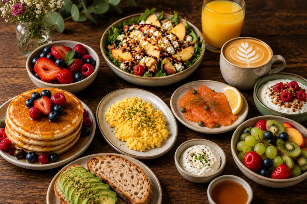 Brunch à l'Atelier chez Salt & Pepper à Dijon, assiettes à partager : pancakes, œufs brouillés, saumon fumé, toasts à l'avocat.