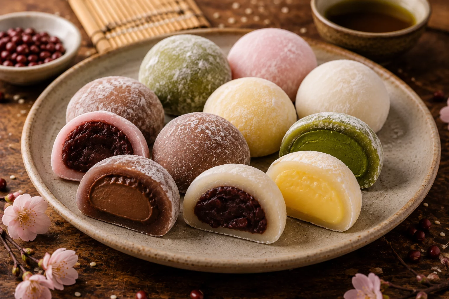 Assortiment de mochis colorés faits maison, coupés en deux pour révéler des haricots rouges, du matcha et du chocolat, décorés de fleurs de cerisier, accompagnés de thé pour une activité de team building.