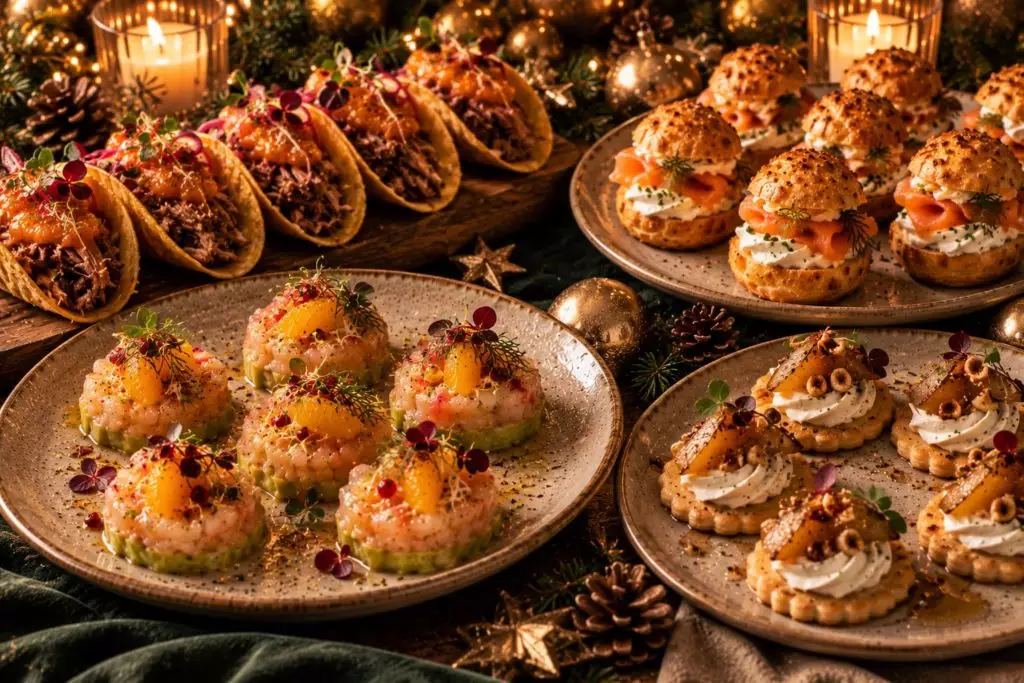 Bouchées de Noël dressées sur assiettes : tartares aux agrumes, choux au saumon fumé, tacos effilochés et sablés à la crème