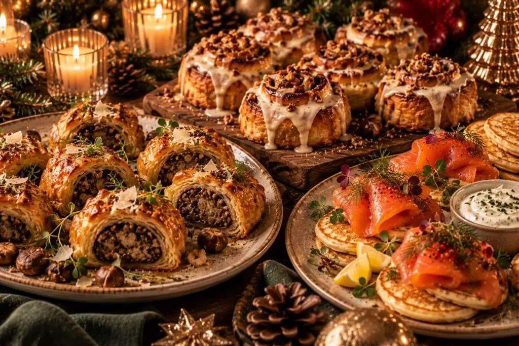 Brunch de Noël : roulés feuilletés aux châtaignes, cinnamon rolls glacés et blinis au saumon fumé