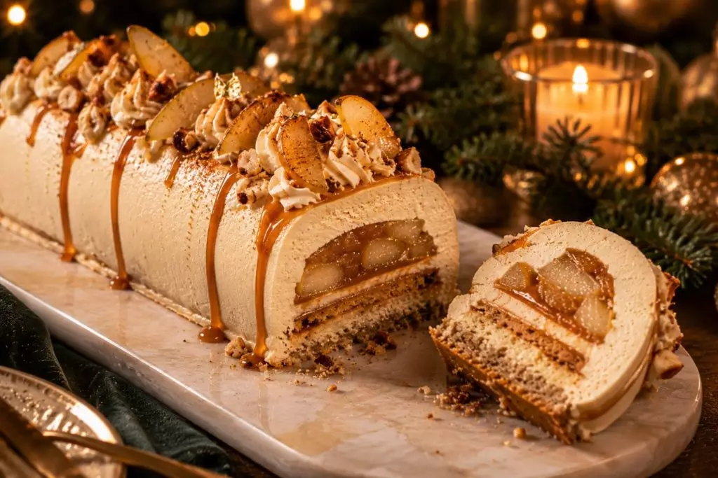 Bûche de Noël poire, vanille et caramel, insert de poires caramélisées