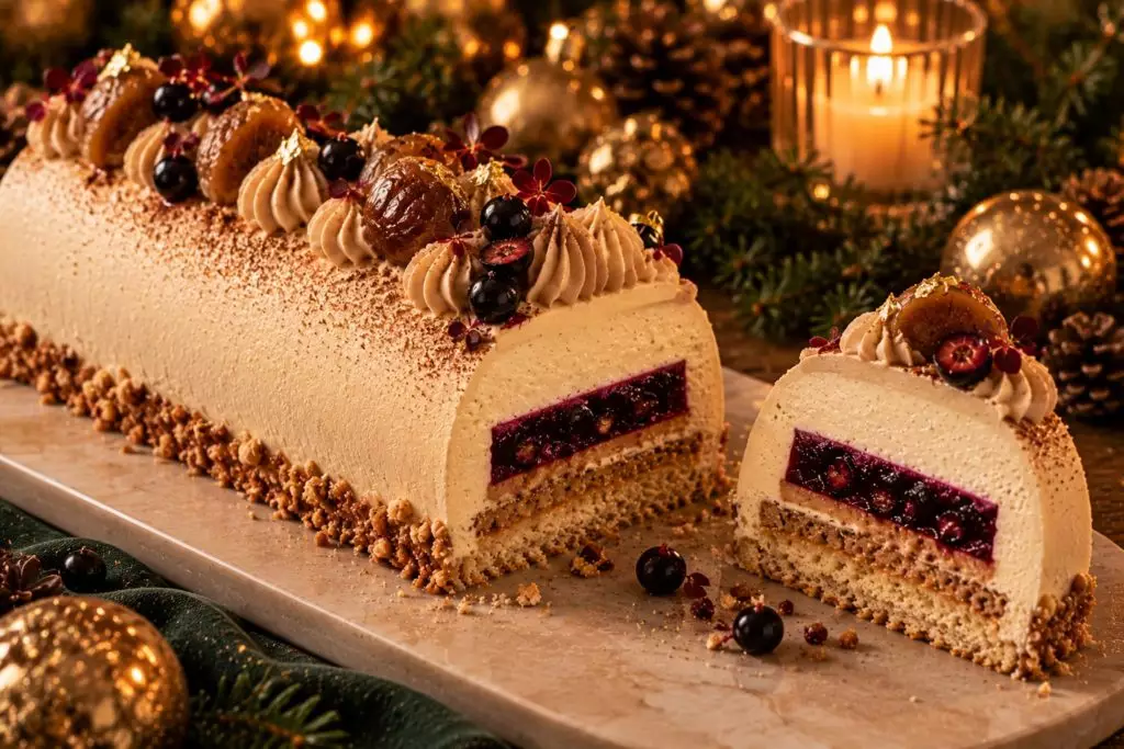 Bûche de Noël marron, vanille et cassis, insert cassis et décor à la crème de marrons
