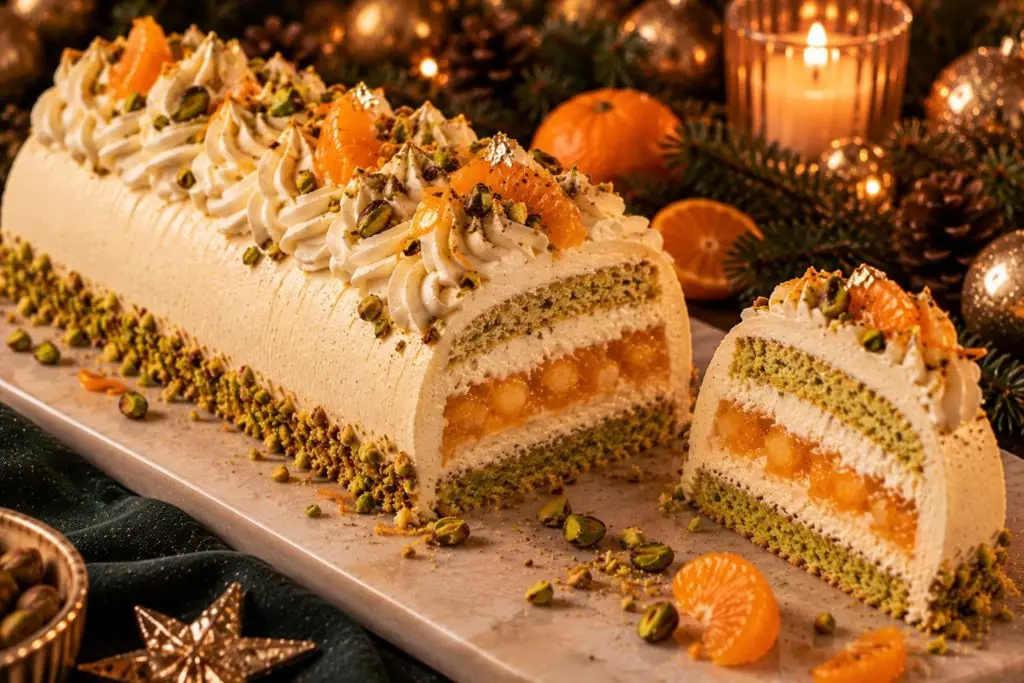 Bûche de Noël vanille, clémentine et pistache, biscuit joconde pistache et compotée de clémentines