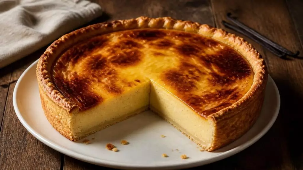 Flan pâtissier maison, une part coupée, sur une assiette blanche